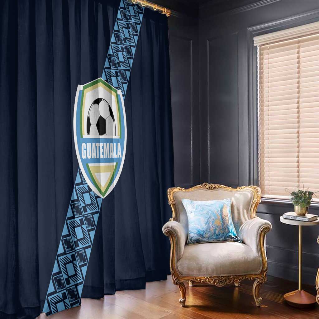 Navy window curtain panel with diagonal blue geometric border and football crest