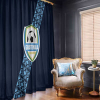Navy window curtain panel with diagonal blue geometric border and football crest