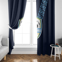 Navy window curtain panels with football emblem and diagonal geometric trim, open at sides