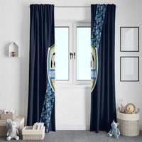 Navy window curtain set with football emblem and diagonal geometric stripe, doorway view