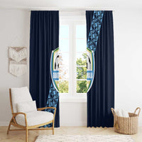 Navy window curtain with centered football crest and diagonal geometric border on fabric