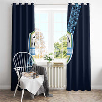 Navy window curtain panels with soccer crest and patterned diagonal stripe on top rings