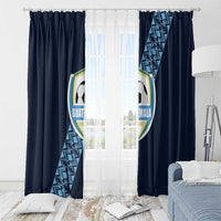 Navy window curtain panels with soccer crest and diagonal geometric stripe over sheer layer