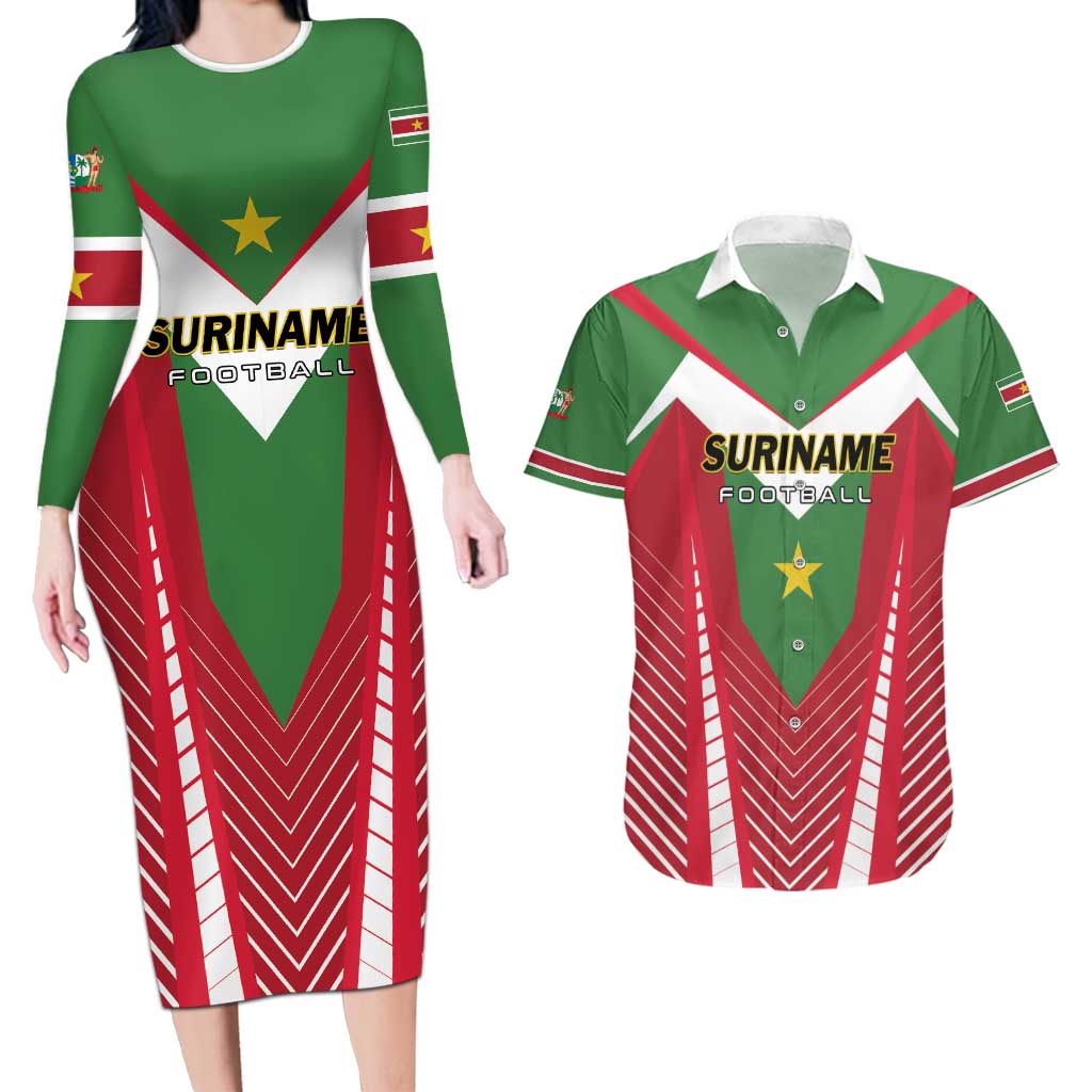 Custom Suriname Football Couples Matching Long Sleeve Bodycon Dress and Hawaiian Shirt Go Sranankondre Fubal Pluga