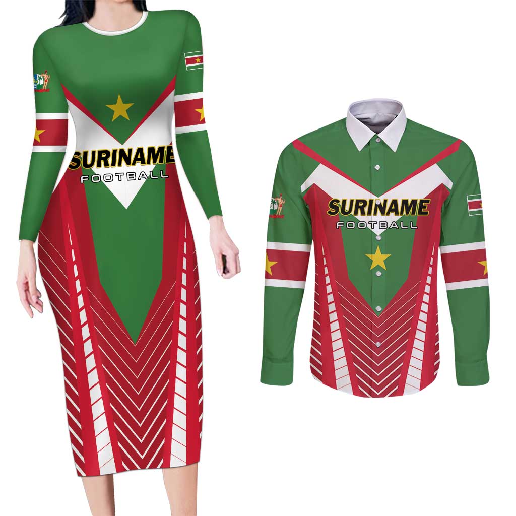 Custom Suriname Football Couples Matching Long Sleeve Bodycon Dress and Long Sleeve Button Shirt Go Sranankondre Fubal Pluga