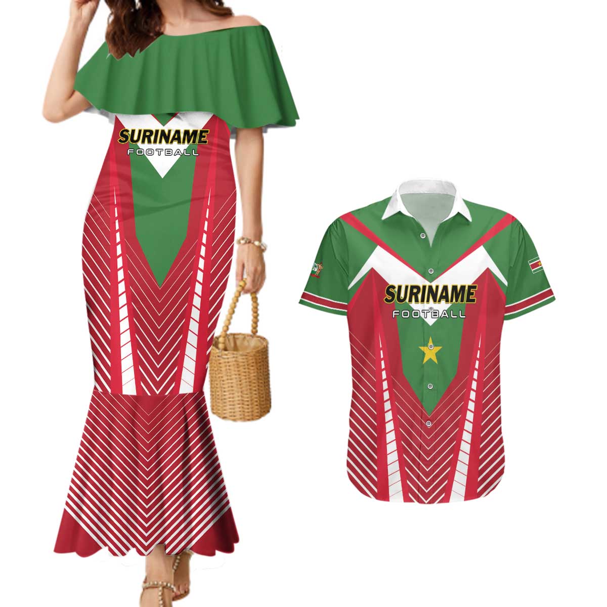 Custom Suriname Football Couples Matching Mermaid Dress and Hawaiian Shirt Go Sranankondre Fubal Pluga