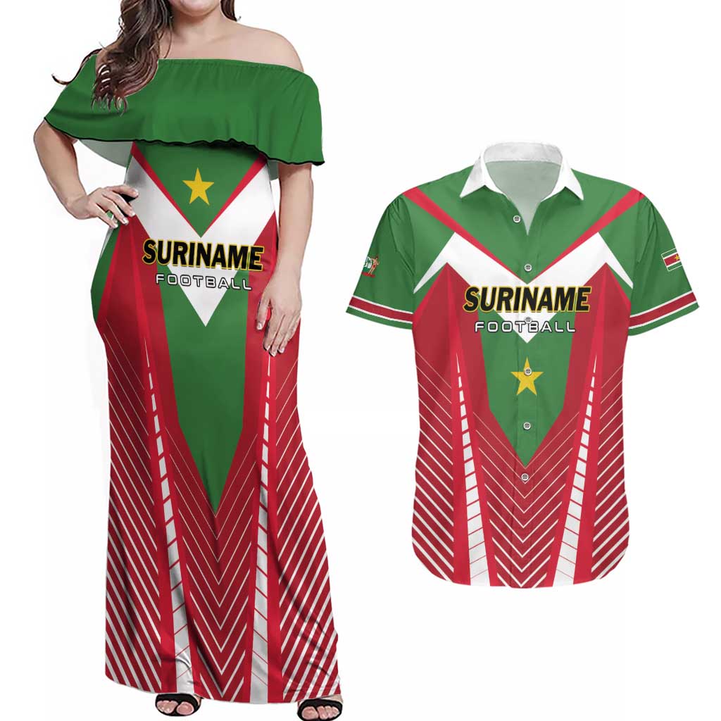 Custom Suriname Football Couples Matching Off Shoulder Maxi Dress and Hawaiian Shirt Go Sranankondre Fubal Pluga