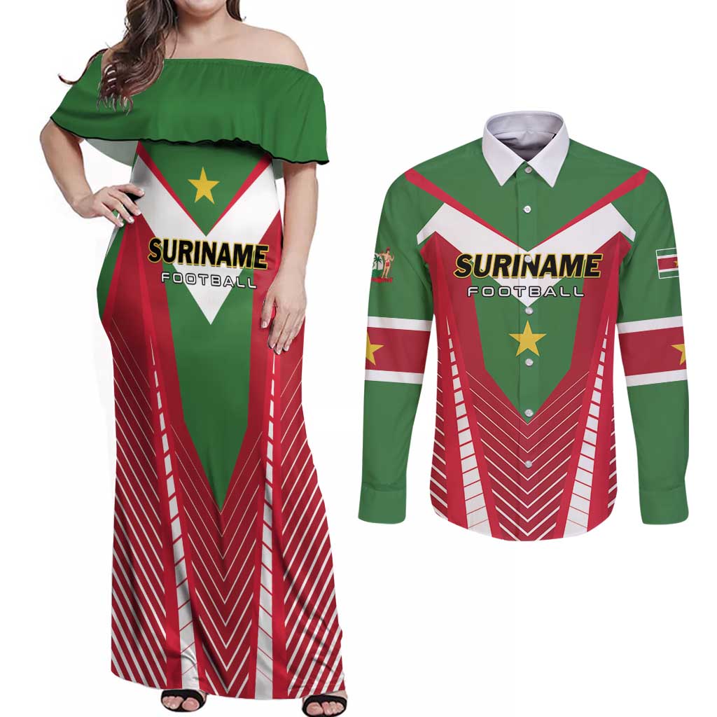 Custom Suriname Football Couples Matching Off Shoulder Maxi Dress and Long Sleeve Button Shirt Go Sranankondre Fubal Pluga