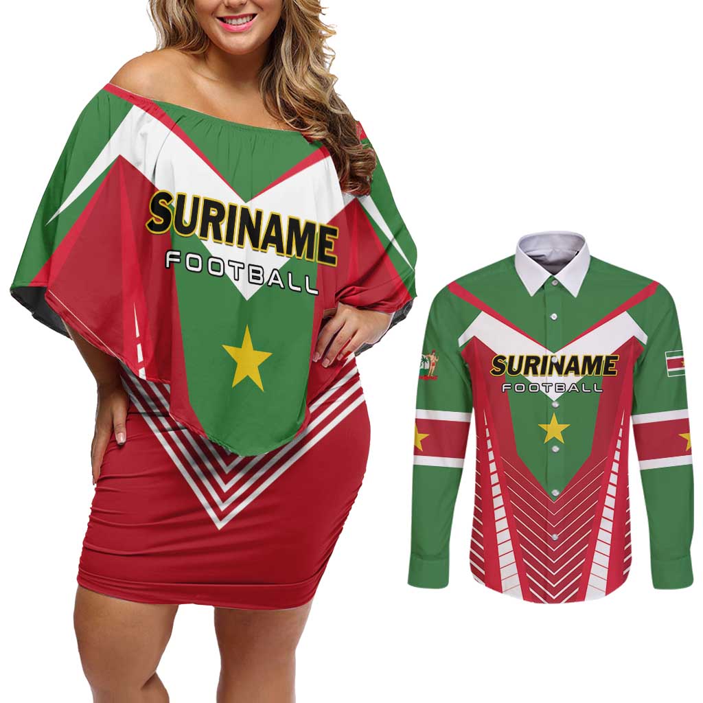 Custom Suriname Football Couples Matching Off Shoulder Short Dress and Long Sleeve Button Shirt Go Sranankondre Fubal Pluga