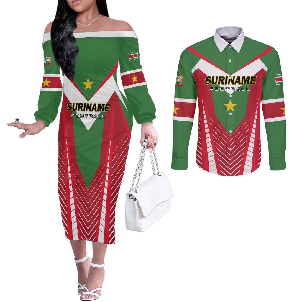 Custom Suriname Football Couples Matching Off The Shoulder Long Sleeve Dress and Long Sleeve Button Shirt Go Sranankondre Fubal Pluga