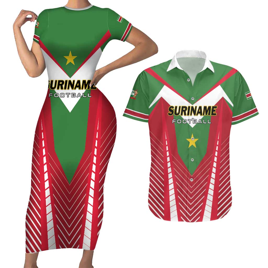 Custom Suriname Football Couples Matching Short Sleeve Bodycon Dress and Hawaiian Shirt Go Sranankondre Fubal Pluga