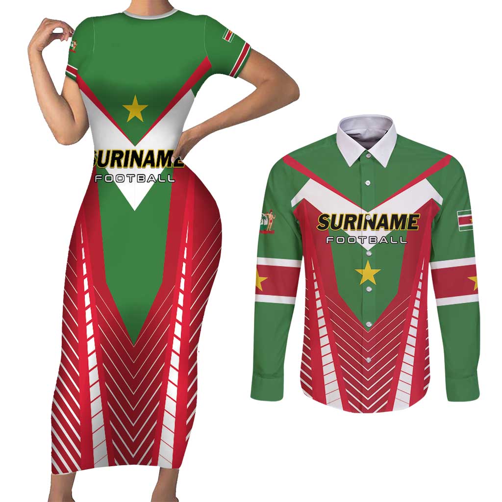 Custom Suriname Football Couples Matching Short Sleeve Bodycon Dress and Long Sleeve Button Shirt Go Sranankondre Fubal Pluga