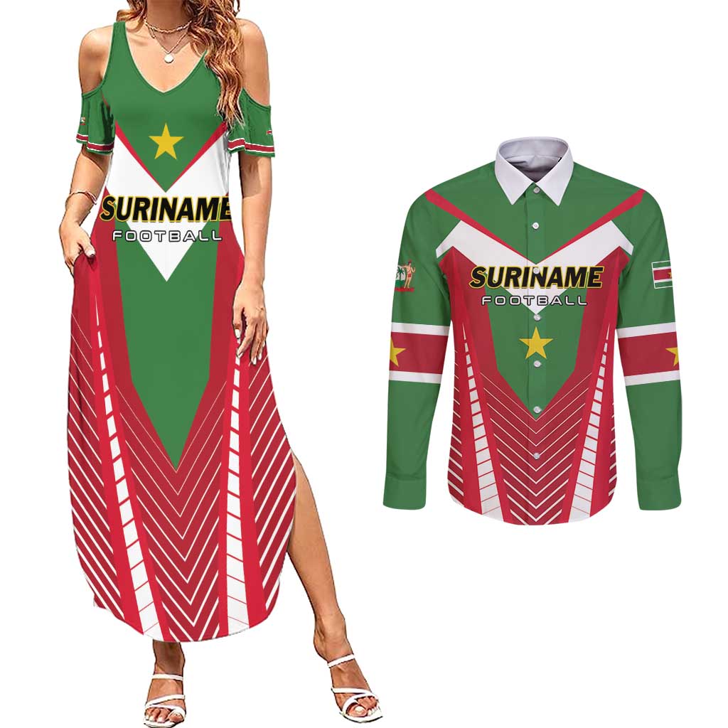 Custom Suriname Football Couples Matching Summer Maxi Dress and Long Sleeve Button Shirt Go Sranankondre Fubal Pluga