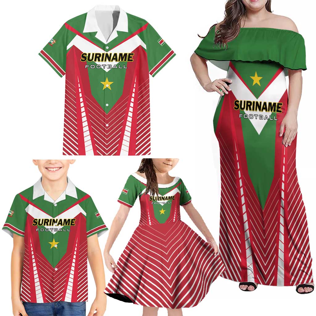 Custom Suriname Football Family Matching Off Shoulder Maxi Dress and Hawaiian Shirt Go Sranankondre Fubal Pluga