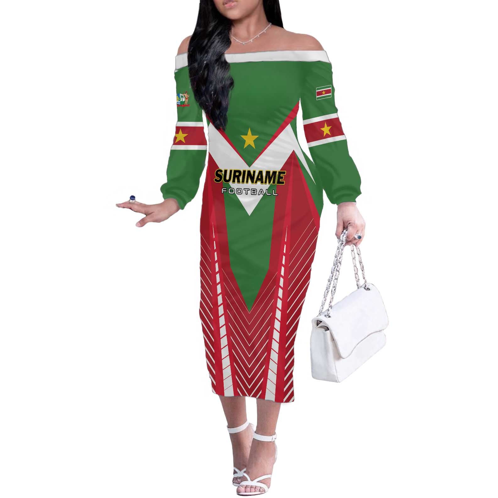 Custom Suriname Football Off The Shoulder Long Sleeve Dress Go Sranankondre Fubal Pluga