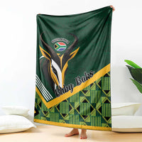 Green 'Baby Boks' rugby baby blanket with shield emblem, plaid and stripes