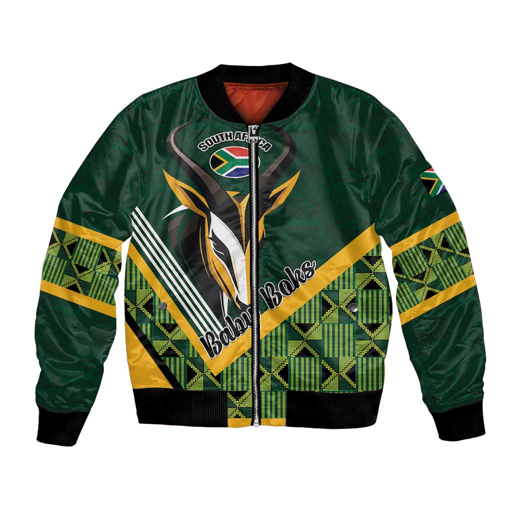 Green bomber jacket with full-zip front and South Africa crest graphic