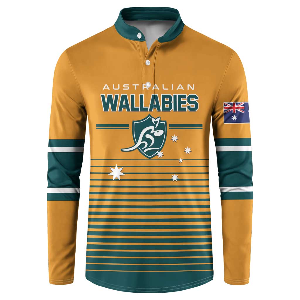 Junior rugby-style button sweatshirt, yellow with teal collar and Wallabies front graphic