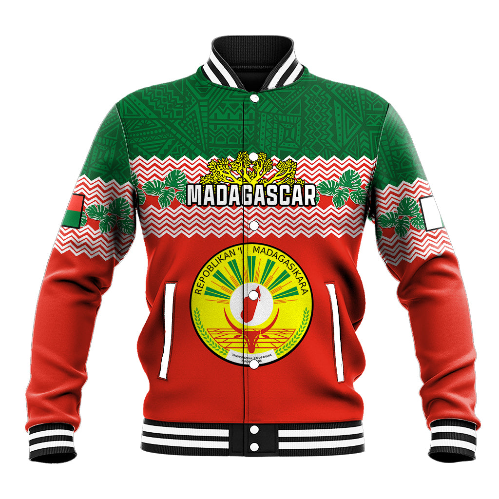 Red and green personalised baseball jacket with Madagascar graphic, striped rib trim