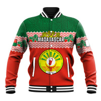 Red and green personalised baseball jacket with Madagascar graphic, striped rib trim