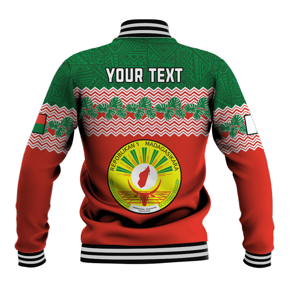 Red and green baseball jacket back with 'YOUR TEXT', striped ribbed collar and hem