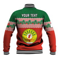 Red and green baseball jacket back with 'YOUR TEXT', striped ribbed collar and hem