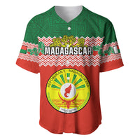 Red and green baseball jersey with Madagascar crest and zigzag trim