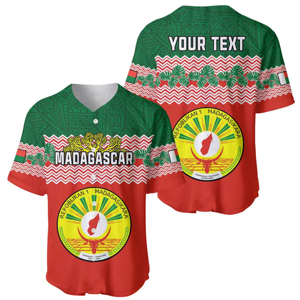 Madagascar baseball jersey showing front and back with crest and zigzag trim
