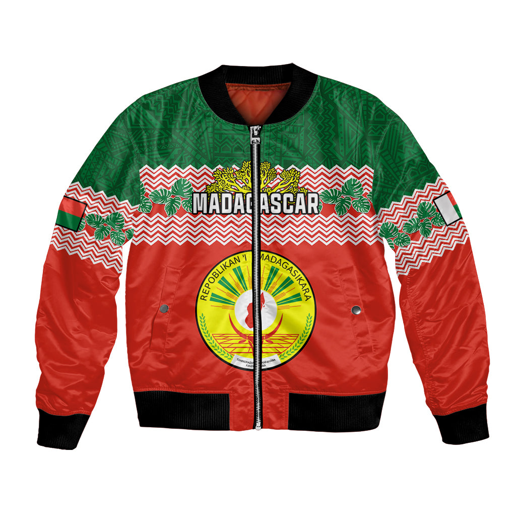 Red and green bomber jacket with Madagascar seal graphic, zip front, ribbed cuffs