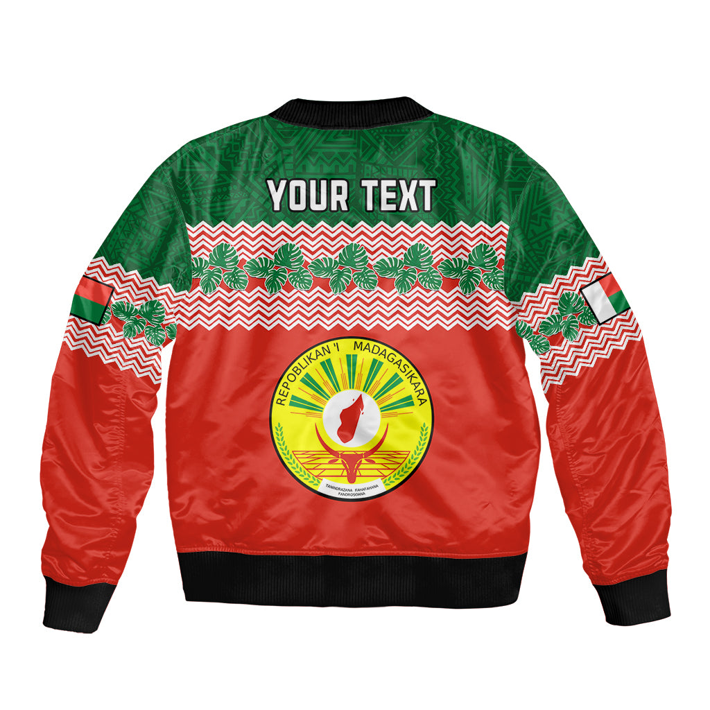Green and red bomber jacket back with customizable text and Madagascar seal, zip front