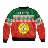 Green and red bomber jacket back with customizable text and Madagascar seal, zip front