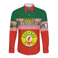 Long-sleeve button shirt, red and green, with Madagascar seal emblem on chest