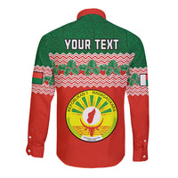 Long-sleeve button shirt, red and green, with zigzag pattern, 'YOUR TEXT' on back