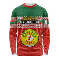 Long sleeve crewneck shirt, green and red with Madagascar seal and 'MADAGASCAR' print