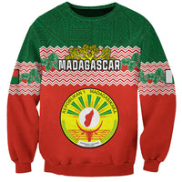 Red and green crewneck sweatshirt with Madagascar crest seal and zigzag pattern