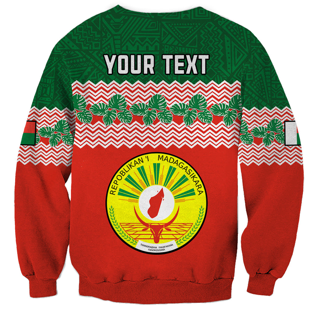 Red and green crewneck sweatshirt back with YOUR TEXT and Madagascar crest seal
