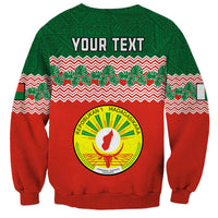 Red and green crewneck sweatshirt back with YOUR TEXT and Madagascar crest seal
