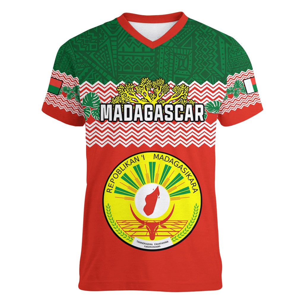 personalised-madagascar-women-v-neck-t-shirt-madagasikara-seal-baobab-african-pattern