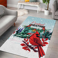 Mint holiday rug showing cardinal perched on red branches with Christmas tree center