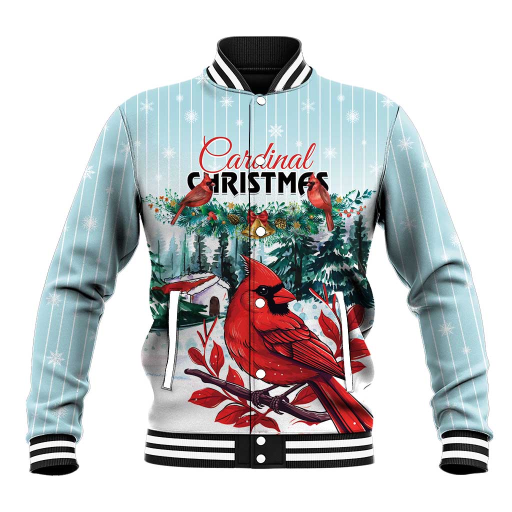 Mint Christmas baseball jacket with cardinal, trees, snowflake print and Cardinal Christmas text
