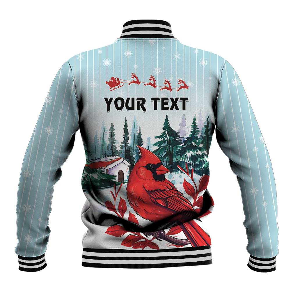 Mint Christmas baseball jacket back with cardinal, forest scene, snowflakes and YOUR TEXT