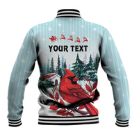 Mint Christmas baseball jacket back with cardinal, forest scene, snowflakes and YOUR TEXT
