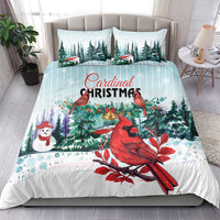Mint Christmas duvet and pillowcases with cardinal birds, pine trees, and red berries