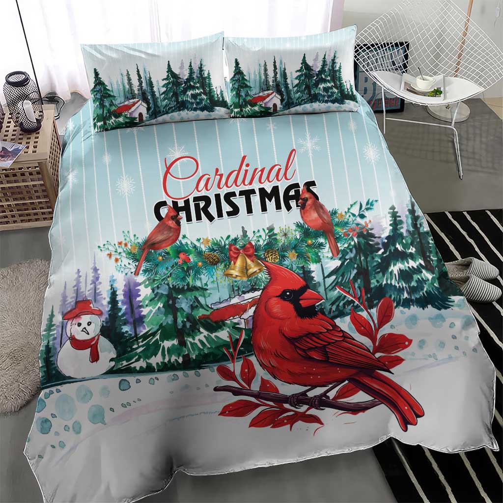 Mint Christmas bedding set featuring cardinal bird illustration and pine forest scene