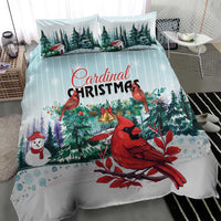 Mint Christmas bedding set featuring cardinal bird illustration and pine forest scene