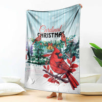 Cardinal Christmas throw blanket with red cardinals, mint stripes, and snowy tree decorations.