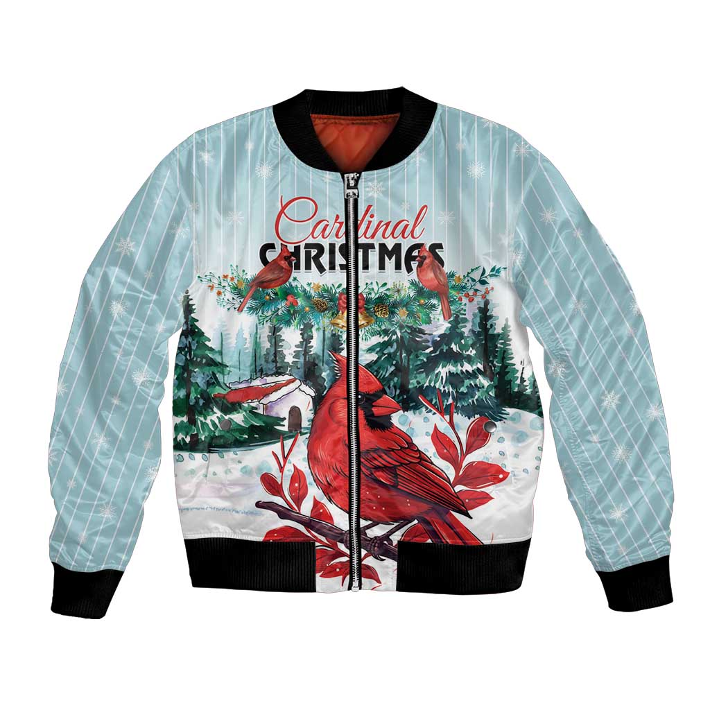 Mint bomber jacket with red cardinal and winter tree graphic, black ribbed cuffs