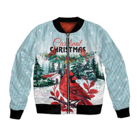 Mint bomber jacket with red cardinal and winter tree graphic, black ribbed cuffs