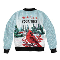 Mint bomber jacket with red cardinal winter scene and 'YOUR TEXT' on back, black ribbing