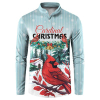 Light mint button-up sweatshirt with cardinal Christmas graphic and striped snowflake accents